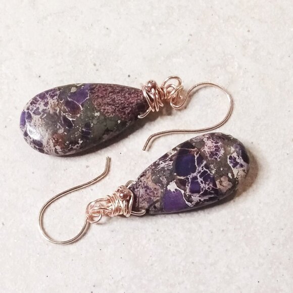 Purple & Plum Sea Sediment Jasper Teardrop + Rose Gold ~ Bold Dangle Earrings - Picture 1 of 12